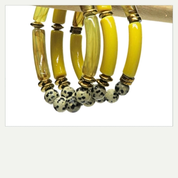 DIY bracelet perles tubes incurvés jaune jaspe dalmatien