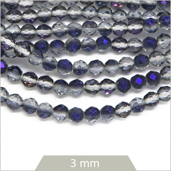 env. 127 perles de verre grises à facettes bleues 3 mm