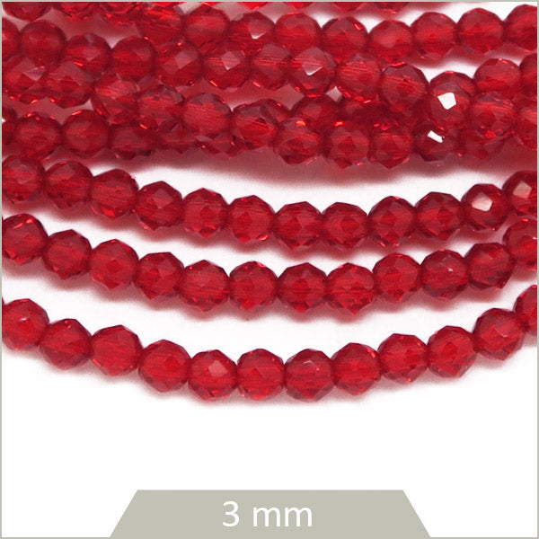 env. 124 perles de verre facettes rouge transparente 3 mm