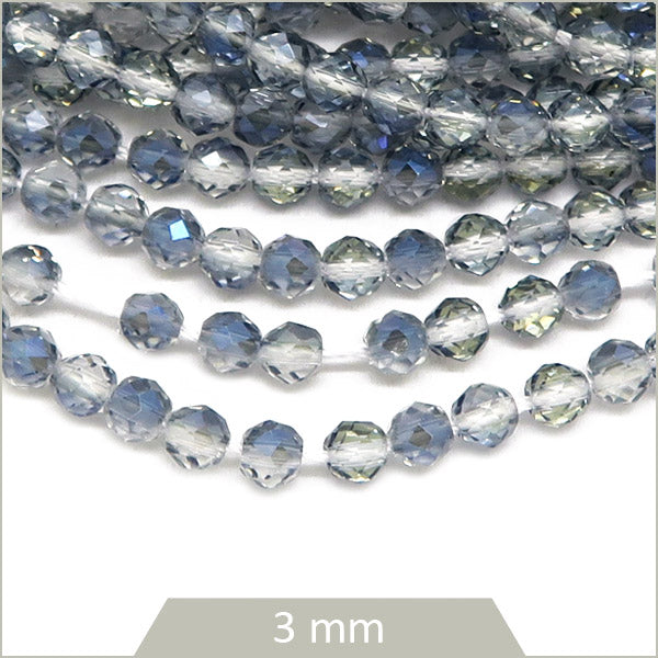 Env. 125 perles de verre à facettes grises transparentes reflets bleus, 3 mm