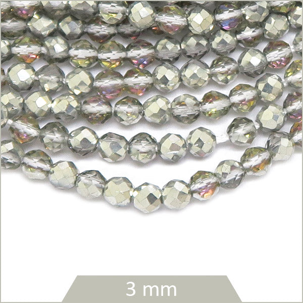 Env. 125 perles de verre à facettes argent irisé, 3 mm