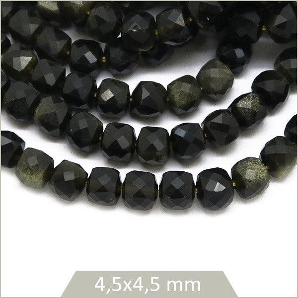 Env. 88 perles cubes facettées en Obsidienne dorée, 4x4mm env.