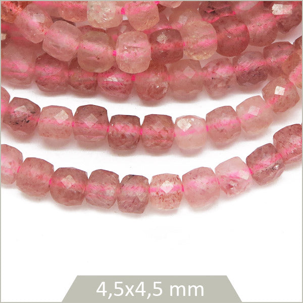 Env. 90 perles cubes facettées en Quartz fraise, 4x4mm env.