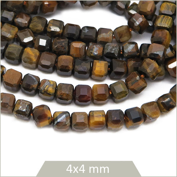 Env. 90 perles cubes facettées en Oeil de Tigre, 4x4mm env.