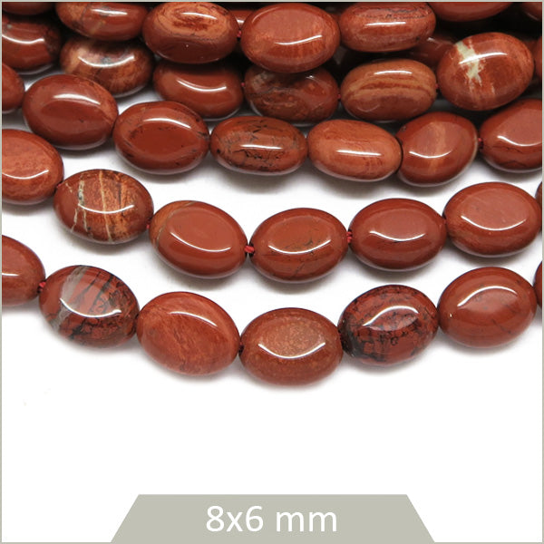 Env. 45 perles ovales en Jaspe rouge, 8x6 mm