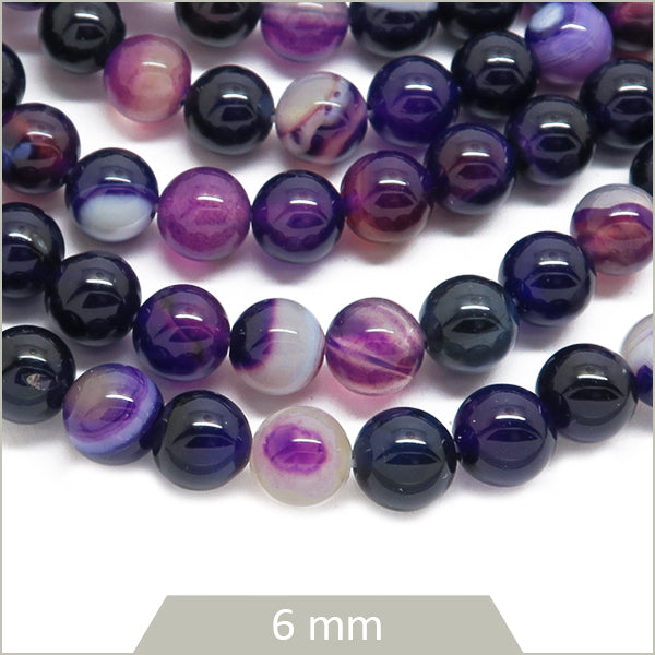 Env. 60 perles rondes en Agate rayée violette, 6 mm