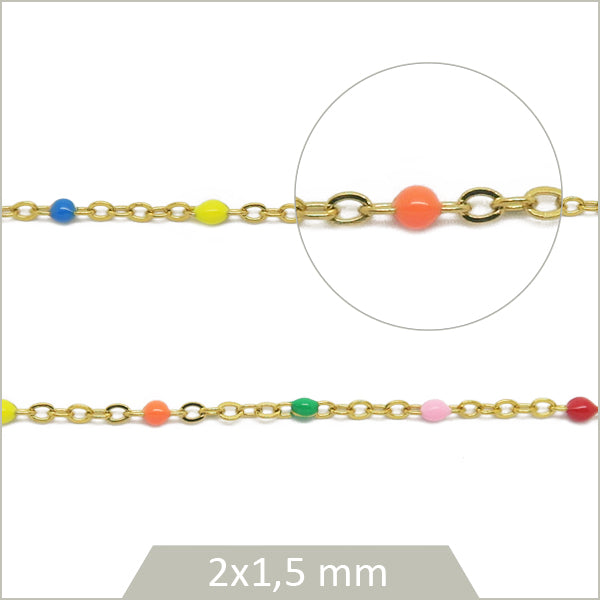 1m de chaîne acier doré et maillons effet émail multicolores