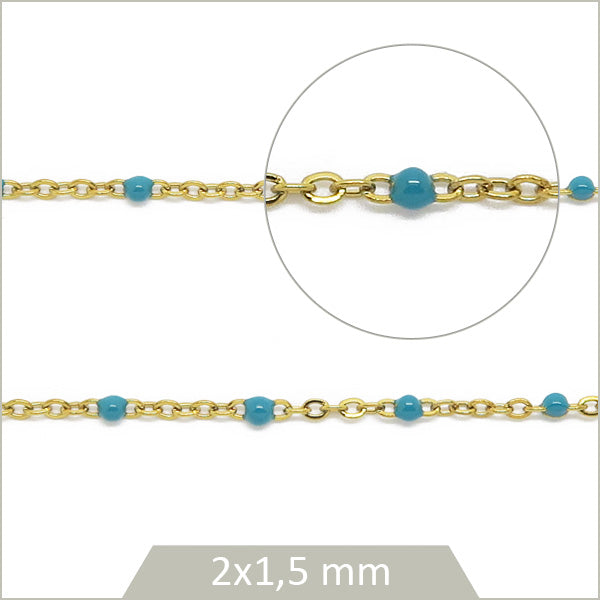 1 m de chaîne acier inoxydable doré et maillons effet émail turquoise