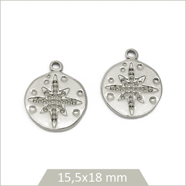 2 breloques rondes étoile gravée acier inoxydable
