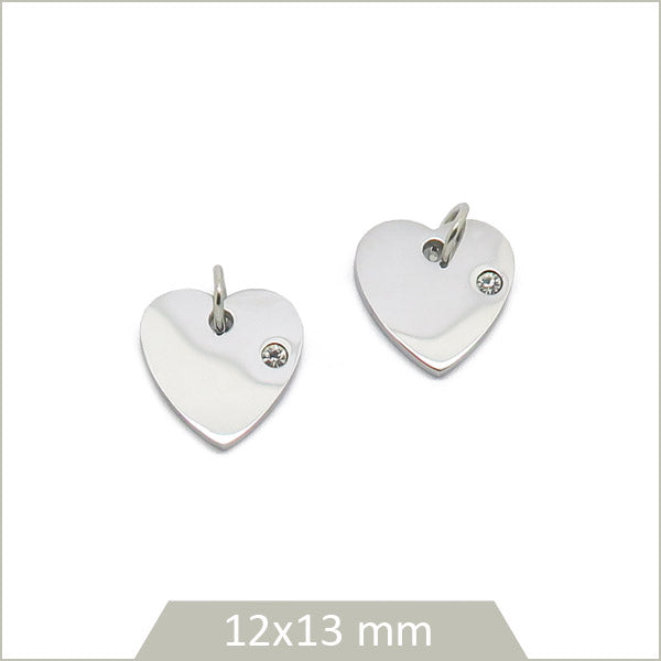 2 breloques cœur, strass et acier inox