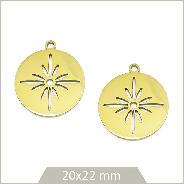 2 breloques rondes motif étoile en acier inoxydable doré