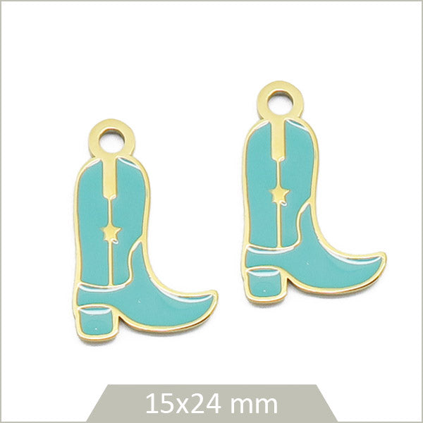 2 breloques santiag en acier inoxydable doré et effet émail bleu turquoise