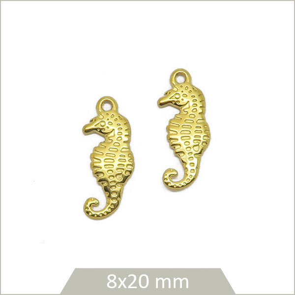 2 breloques hippocampes en acier inoxydable doré