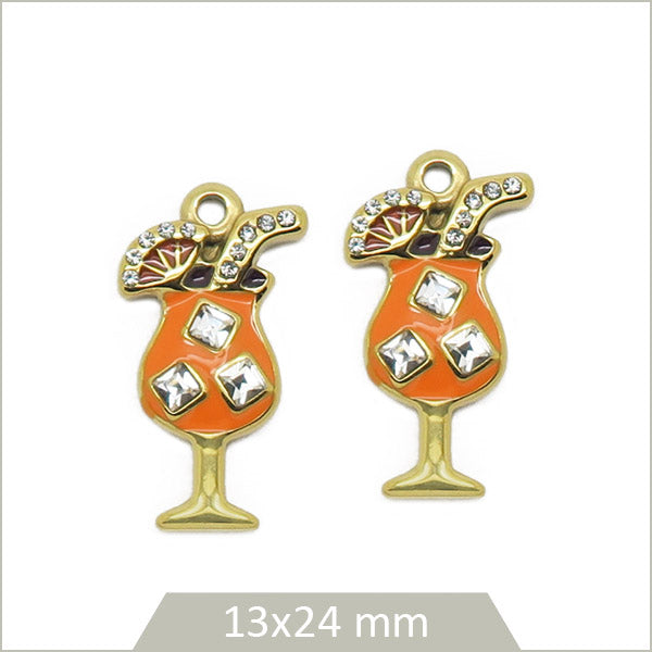 2 breloques cocktail en acier inoxydable doré, effet émail orange et strass