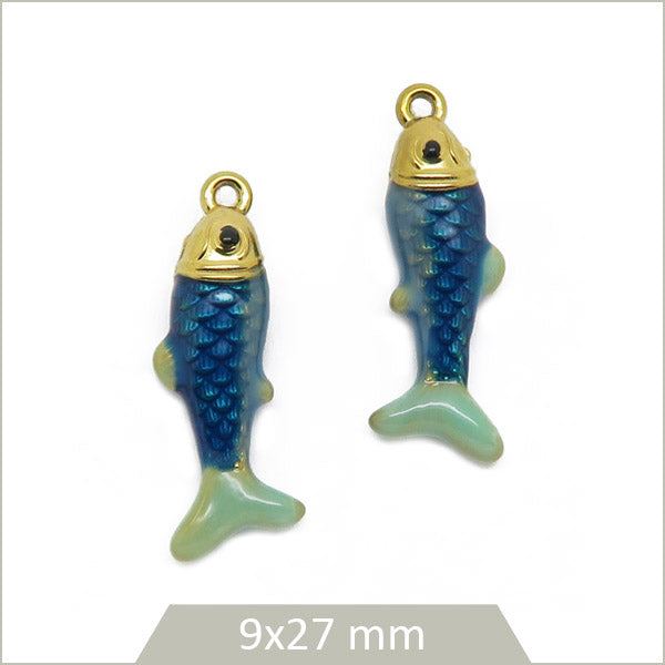 2 breloques poisson en acier inoxydable doré et effet émail bleu