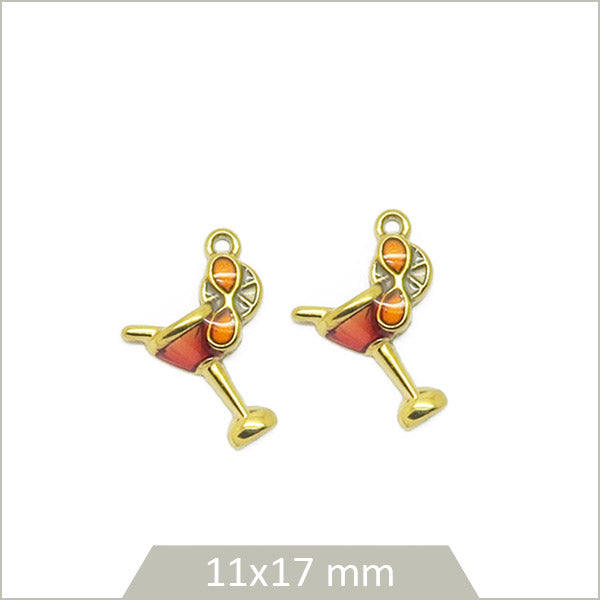 2 breloques coupe en acier inoxydable doré, effet émail rouge