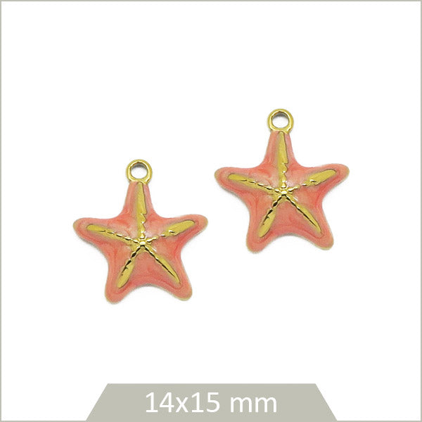 2 breloques étoile de mer en acier inoxydable doré et effet émail rose corail