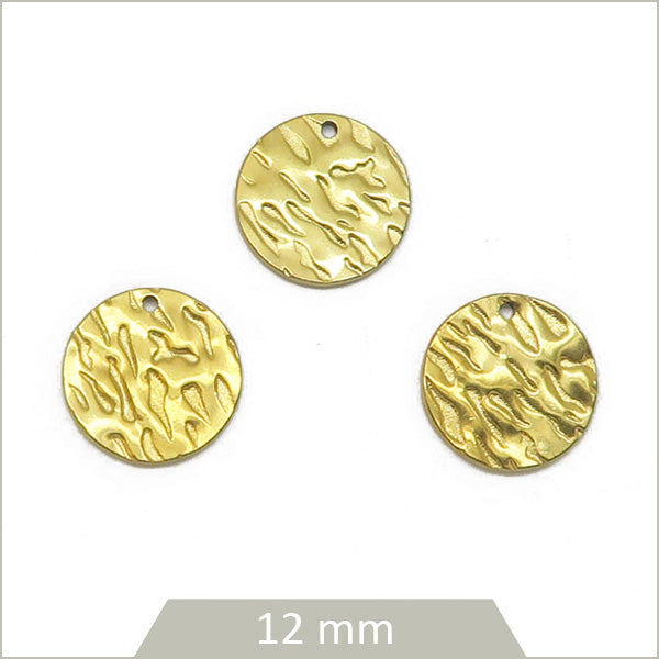 6 breloques rondes texturées 12 mm en acier inoxydable doré
