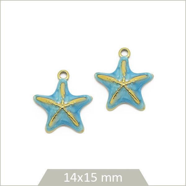2 breloques étoile de mer en acier inoxydable doré et effet émail bleu