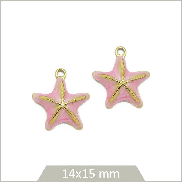 2 breloques étoile de mer en acier inoxydable doré et effet émail rose