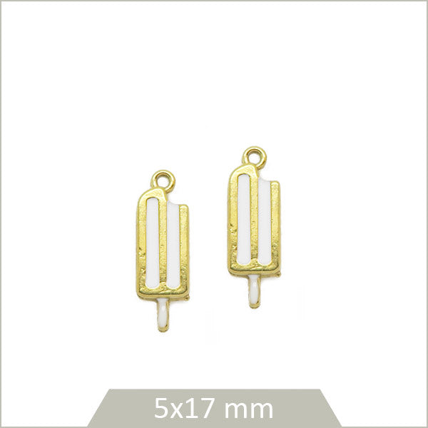2 breloques glace en acier inoxydable doré, effet émail blanc