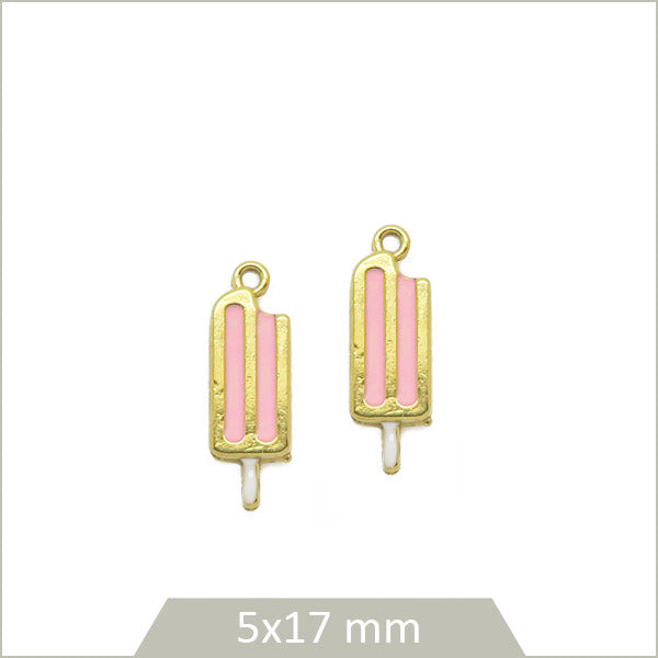 2 breloques glace en acier inoxydable doré, effet émail rose