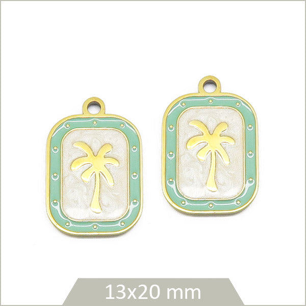 2 breloques rectangle palmier en acier inoxydable doré, effet émail vert d'eau