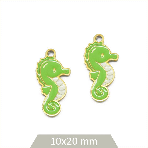 2 breloques hippocampe en acier inoxydable doré et effet émail vert