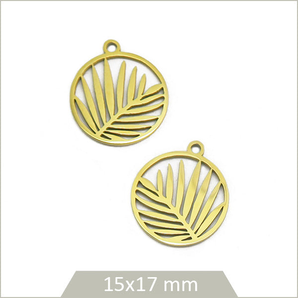 2 breloques rondes feuilles en acier inoxydable doré