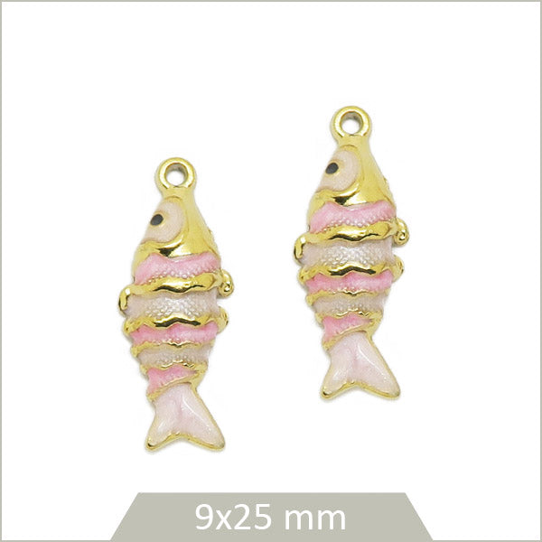 2 breloques poisson en acier inoxydable doré et effet émail rose