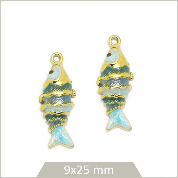 2 breloques poisson en acier inoxydable doré et effet émail bleu