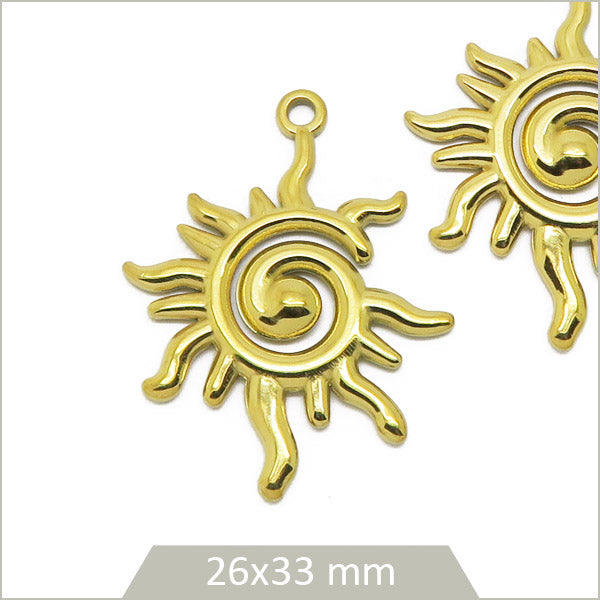 2 breloques soleil spirale en acier inoxydable 304 plaqué or 18k