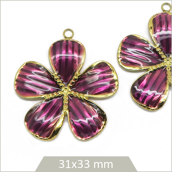 2 breloques fleurs prune en acier inoxydable doré