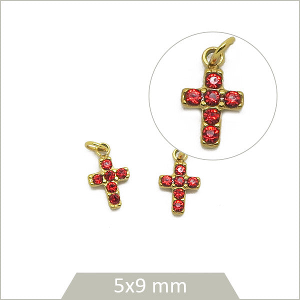 2 petites breloques croix en acier inoxydable doré et strass verre effet rubis