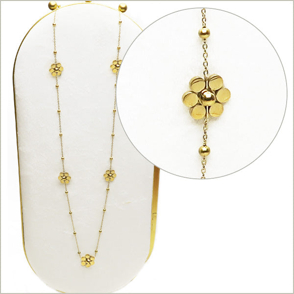 1 sautoir chaine billes et fleurs en acier inox doré 45 cm