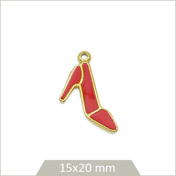1 breloque escarpin en acier doré et effet émail rouge