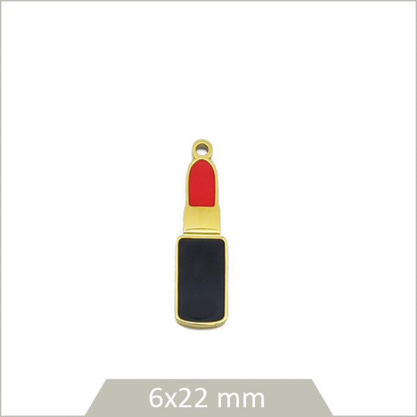 1 breloque rouge à lèvres en acier doré et effet émail coloré