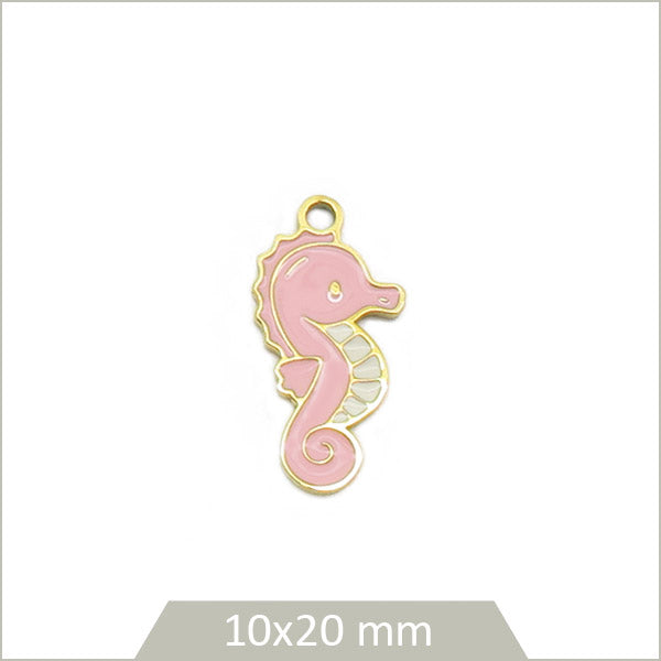 1 breloque hippocampe en acier doré et effet émail rose