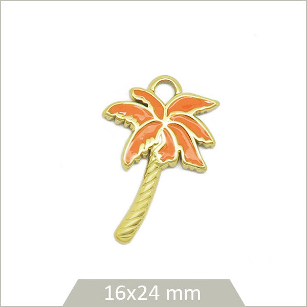 1 breloque palmier en acier doré et effet émail orange