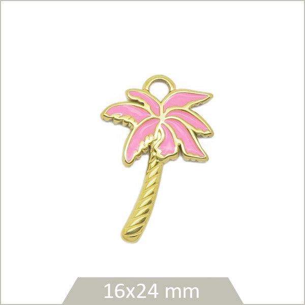 1 breloque palmier en acier doré et effet émail rose