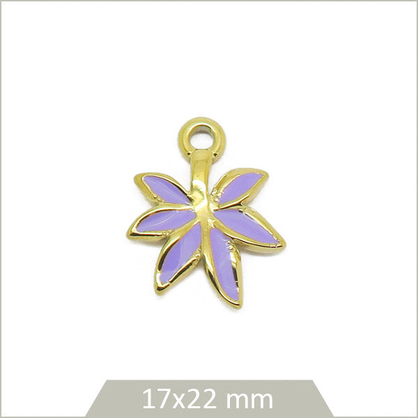 1 breloque feuille en acier doré et effet émail violet
