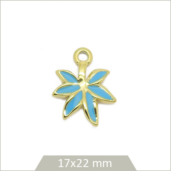 1 breloque feuille en acier doré et effet émail bleu