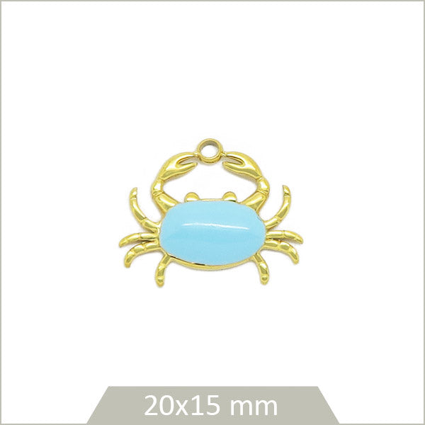 1 breloque crabe en acier doré et effet émail bleu azur