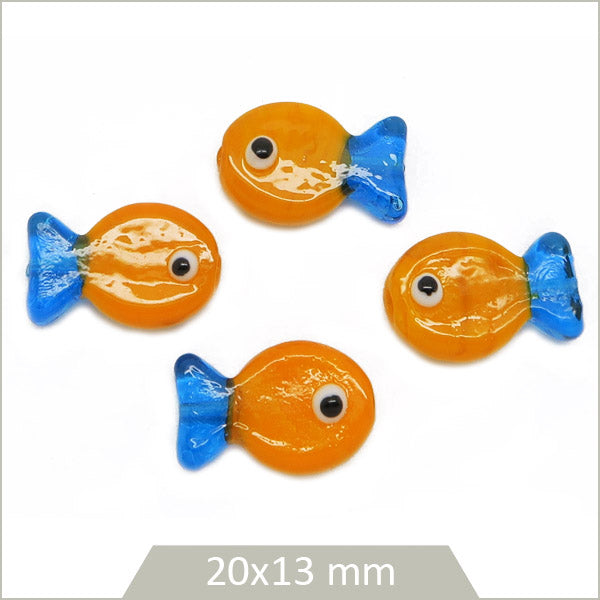 4 perles de verre poisson, orange et bleu