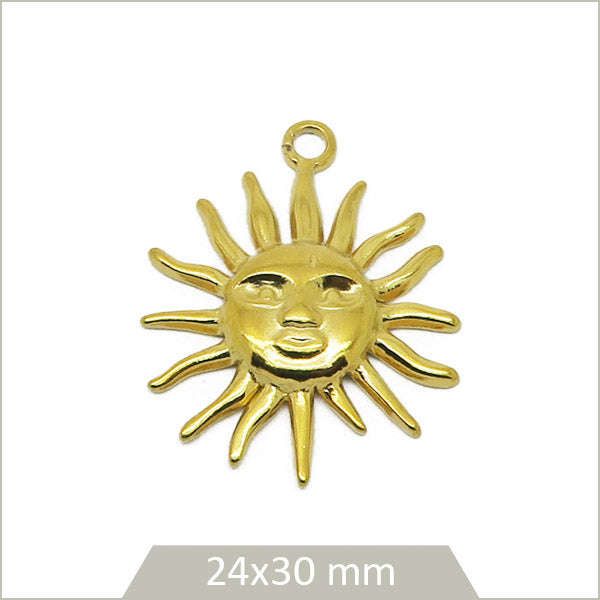 1 breloque soleil motif visage en acier inoxydable doré 304