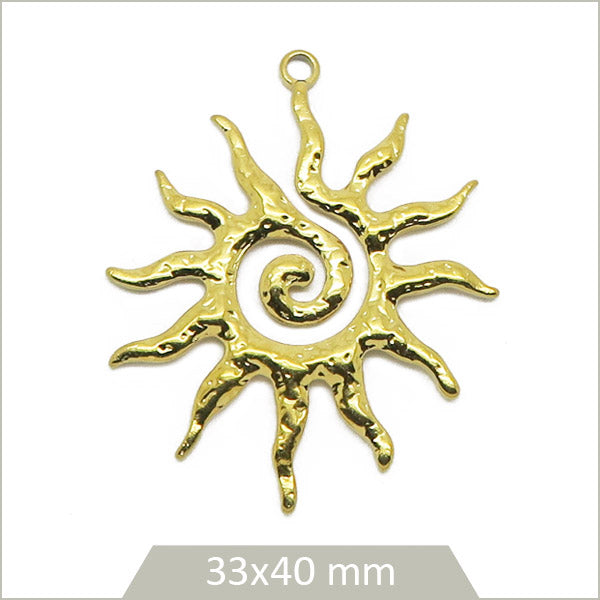 1 breloque soleil spirale texturée en acier inoxydable doré 304