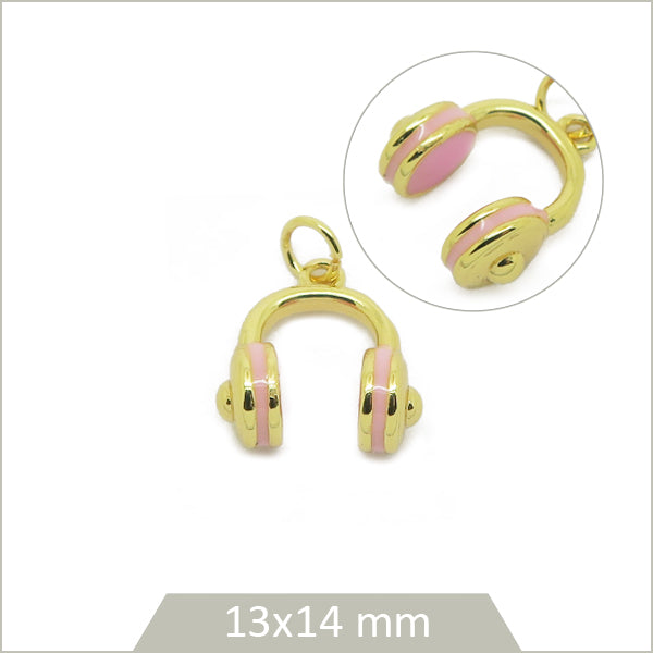 1 breloque casque audio en laiton plaqué or 18k et effet émail rose