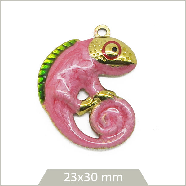 1 breloque caméléon acier inoxydable 304 dorée 18k et effet émail rose