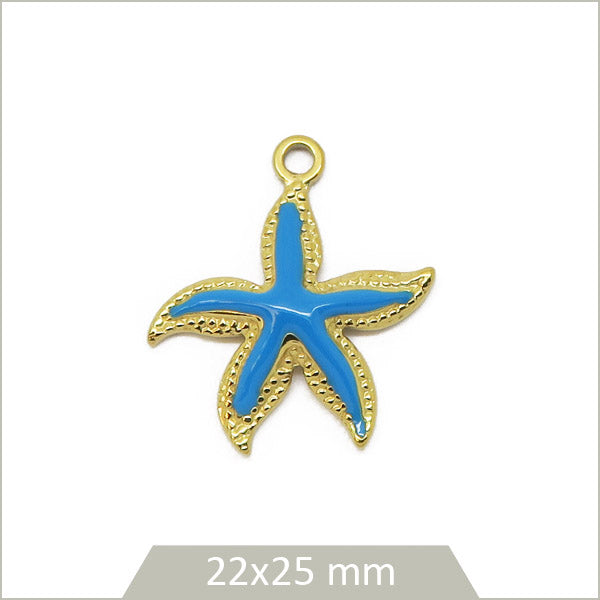 1 breloque étoile de mer acier inoxydable 304 doré, effet émail bleu
