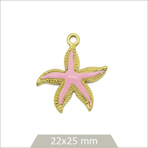 1 breloque étoile de mer acier inoxydable 304 doré, effet émail rose